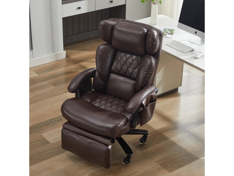  Chaise de bureau massante chauffante avec repose-pieds, dossier inclinable et poches latérales en cuir pu marron  - Conforama B