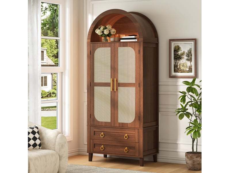  Buffet haut modenvie à led contrôlée par application 76 x 40 x 179,5 cm noyer décor rotin  - Conforama B