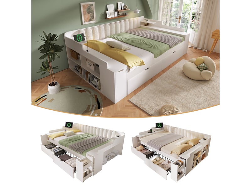 Lit banquette 140x190 cm avec rangements, usb et dossier bouclé Fay Lum - Conforama B