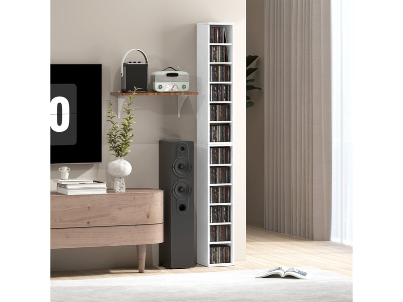  Ensemble de 2 étagères de rangement pour cd (204 cc), support tour blu-ray avec étagères réglables, organiseur de bibliothèque, blanc  - Conforama C