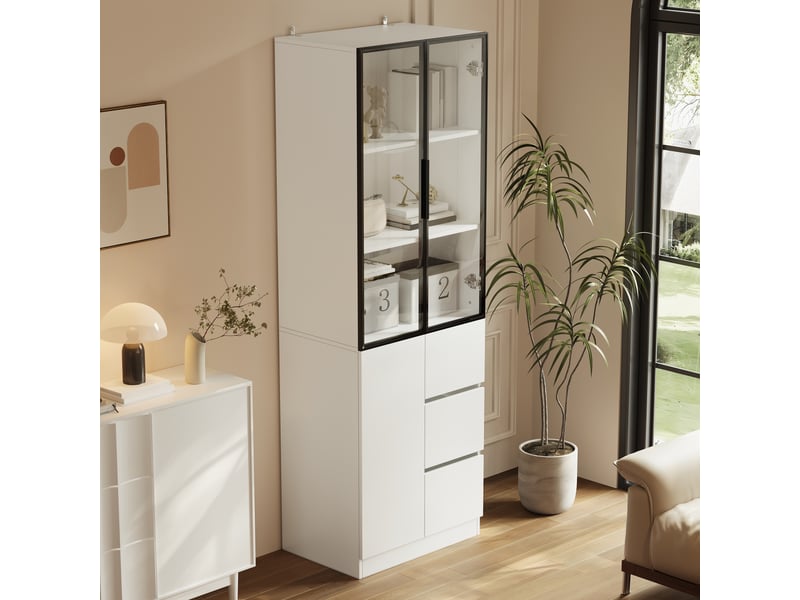  Vitrine blanche à led avec portes vitrées et cadre aluminium, en panneaux de particules, 60 × 40 × 180 cm, pour salon  - Conforama D