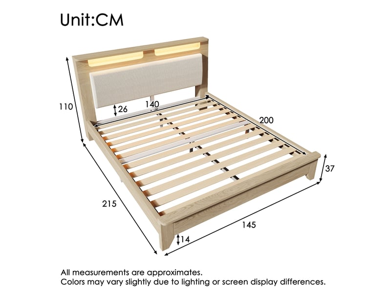 Lit double 140x200 cm en bois, tête de lit avec rangement et led, rembourrage en velours côtelé beige, finition chêne clair - Conforama C