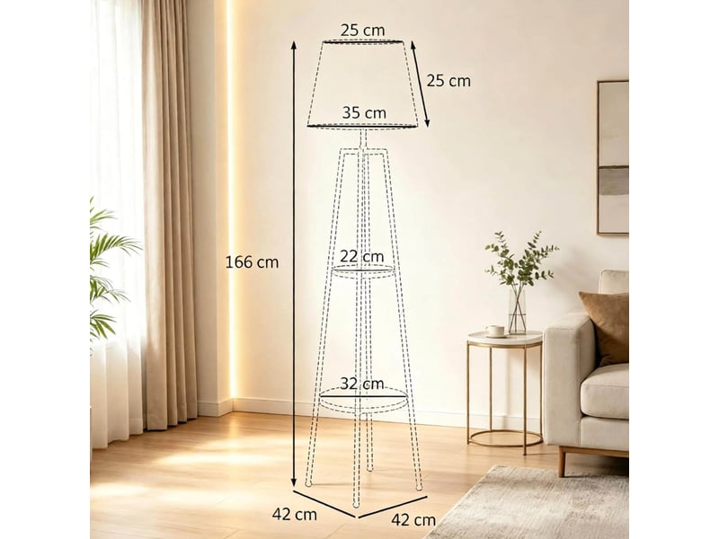  Lampadaire moderne 42x42x166 cm avec deux tablettes mdf métal noir et marron  - Conforama E