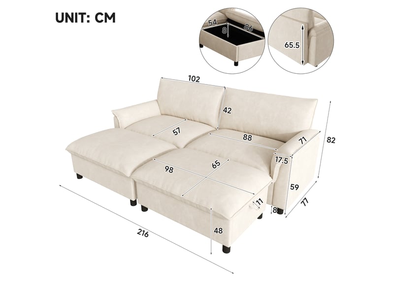  Canapé modulaire 4 places 216x77x82 cm avec 2 poufs mobiles beige  - Conforama C