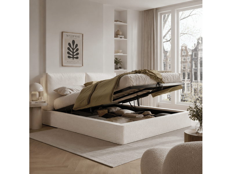  Lit coffre adulte 180x200 cm bouclé beige avec sommier à lattes et tête de lit  - Conforama R