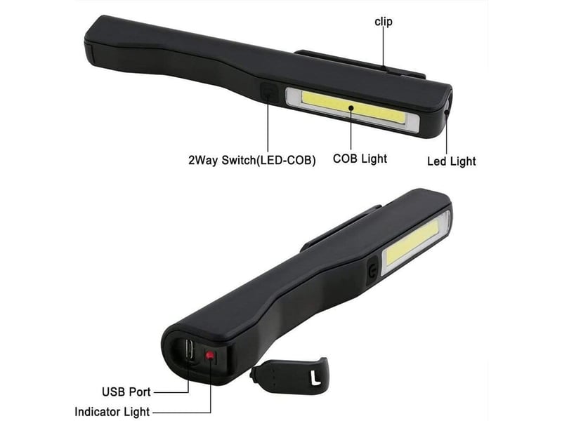 Led lampe travail 1w (2 pcs noir et rouge) cob torche lampe 3w rechargeable usb cable avec clip, diy 350 lumens 2 en 1 abs lampe poche pour maison, ga - Conforama C