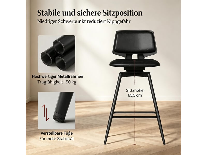 Lot de 2 tabourets de bar,45.5x45.5x89 cm,pivotants,similicuir,noir  - Conforama D