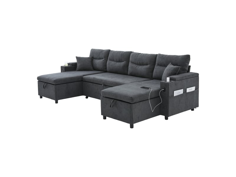  Canapé panoramique convertible en lit 272 cm, 4 places avec double méridienne, rangements, porte-gobelets, usbtype-c, tissu effet lin, gris foncé  - Conforama A