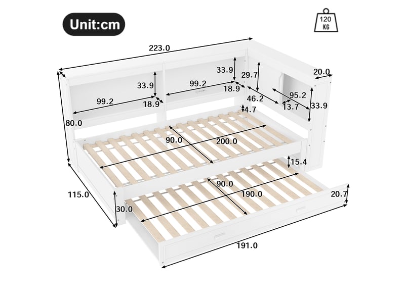  Lit banquette 90x200 cm avec lit gigogne extensible - prises usbtype c, led, rangement, blanc  - Conforama C