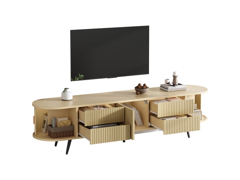  Meuble tv 180 × 40 × 45 cm, 4 tiroirs, porte coulissante, design ovale, mdf, bois naturel  - Conforama A