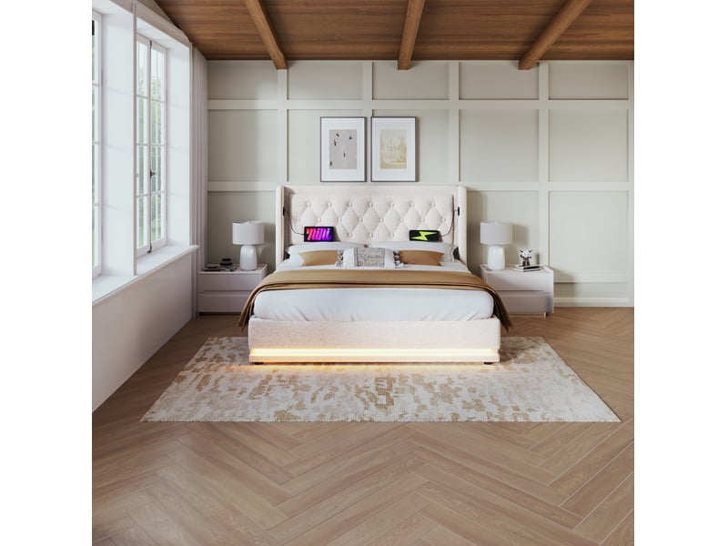  Lit coffre 160 × 200 cm 2 places avec led 3 côtés, usb et type-c, matelas inclus, en coton beige  - Conforama C