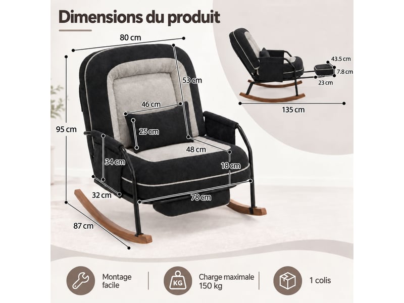  Fauteuil à bascule moderne avec dossier inclinable 100°-160°, repose-pieds escamotable, coussin en fausse fourrure de lapin,noir  - Conforama D