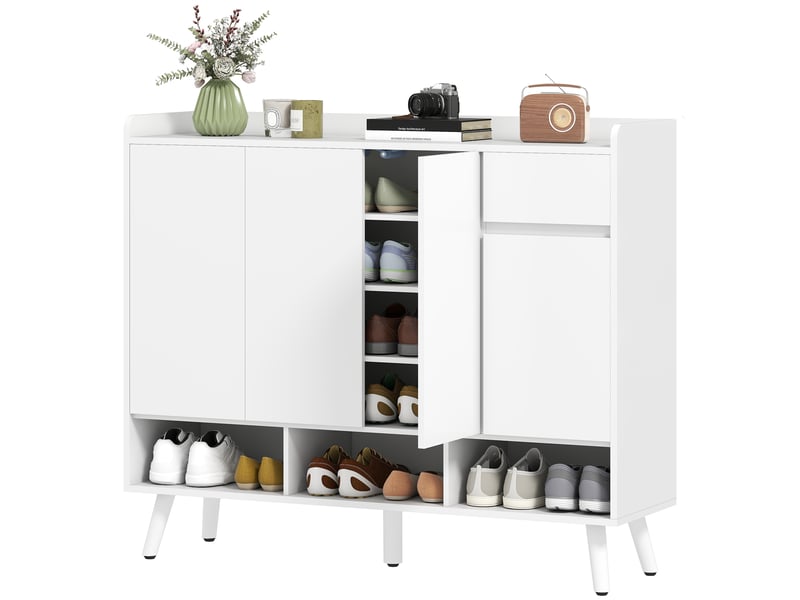  Meuble à chaussures blanc sans poignées, 4 portes, 4 étagères réglables et 5 pieds en bois  - Conforama B