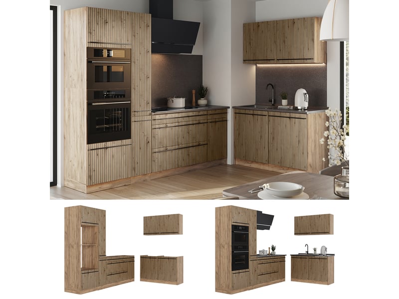  Vicco cuisine en angle, chêne artisanchêne doré, 230 x 120 cm plan de travail chêne doré  - Conforama D