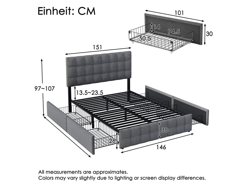 Lit double 140x200 avec 4 tiroirs, sommier et matelas inclus, tissu gris - Conforama C