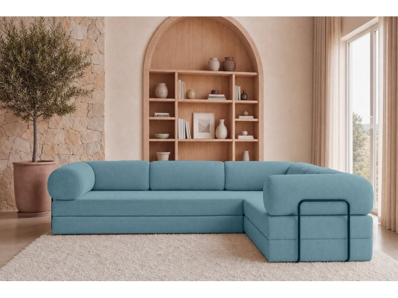  Cosima l - canapé d'angle convertible petit velours côtelé 4 places bleu clair gauche  - Conforama D