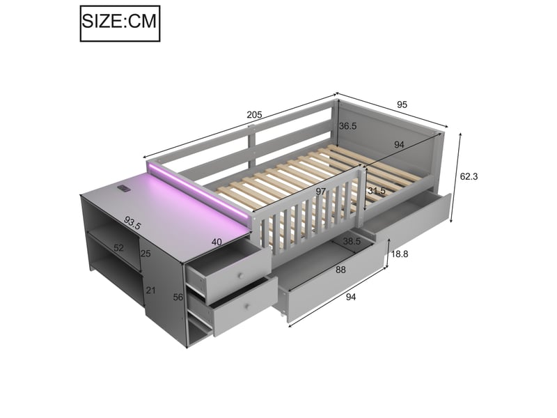  Lit enfant 90x200 cm avec rangement séparé, prise, led, 2 tiroirs et grille de sécurité, en bois, gris, sans matelas  - Conforama C