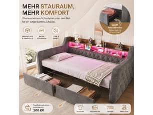 Lit avec rangement 90x190 cm <strong>FLORAGRACE</strong> <strong></strong> coloris gris