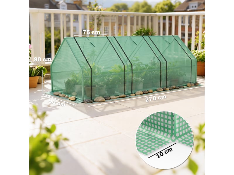  Serre tunnel de jardin en polyéthylène pour plantes et fleurs, avec bords surélevés et portes à charnières, 270 x 90 x 90 cm, vert foncé  - Conforama E