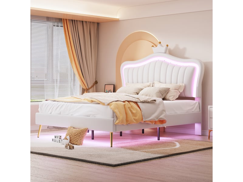  Lit enfant 140 × 200 cm 2 places avec led réglable et tête de lit couronne, sans matelas, rembourré blanc  - Conforama B
