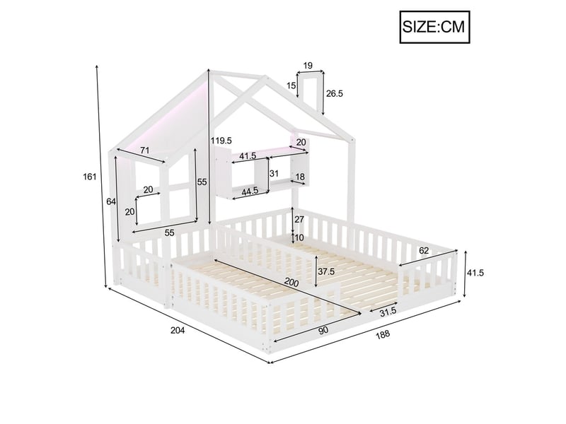  Gutenacht lit cabane bois 90x200cm, fenêtres, led, garde-corps, blanc  - Conforama E