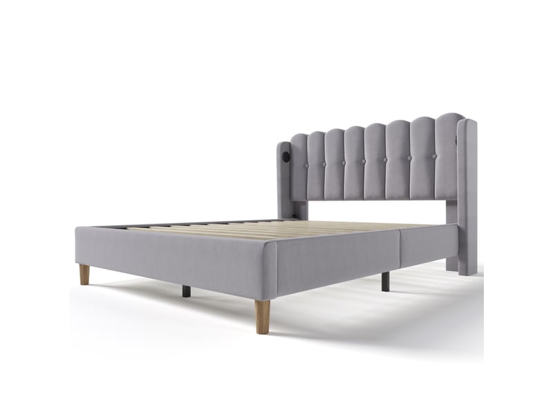  Lit double adulte,160x200 cm,avec ports usb et usb-c,lin,gris  - Conforama D