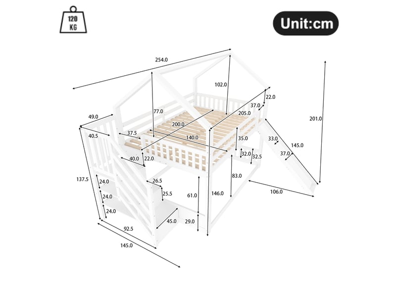  Lit enfant surélevé blanc 140 x 200 cm avec escalier de rangement et toboggan  - Conforama E
