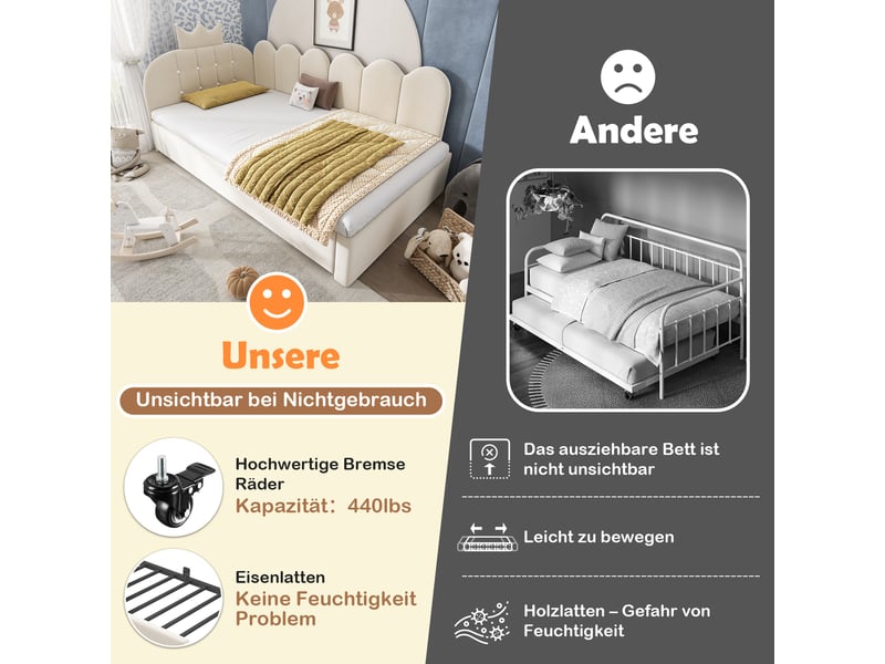  Lit gigogne 90x200 cm - lit 2 personnes avec lit tiroir 90x190 cm - velours - design couronne - beige  - Conforama E