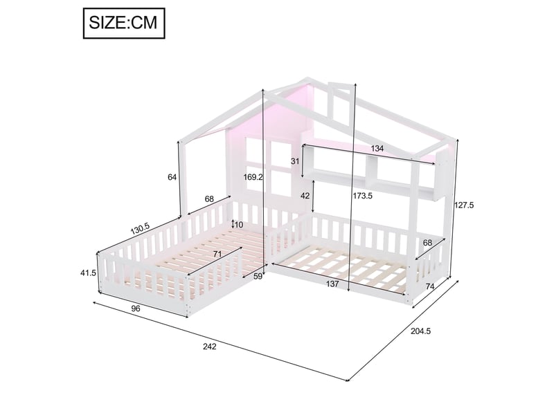  Lit enfant maison 2 couchages 90x200 et 70x140 cm avec fenêtres -étagères-éclairage led-barrières bois+ mdf-blanc  - Conforama C