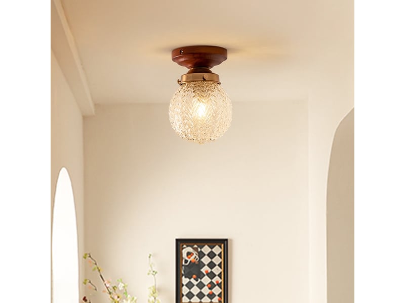  Luminaire plafonnier abat-jour en verre et base en bois  15x20cm  - Conforama D
