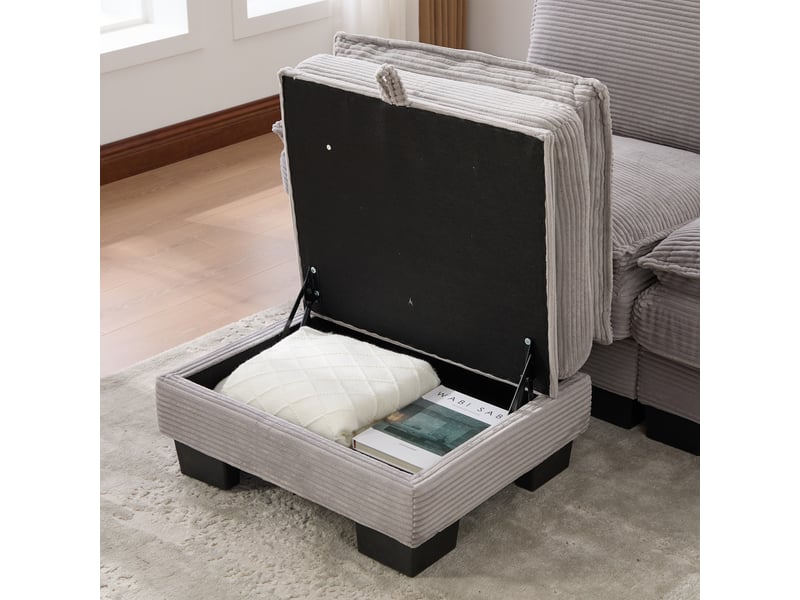  Canapé 3 places modulaire velours côtelé gris clair 260 x 132 x 84 cm avec pouf rangement  - Conforama E