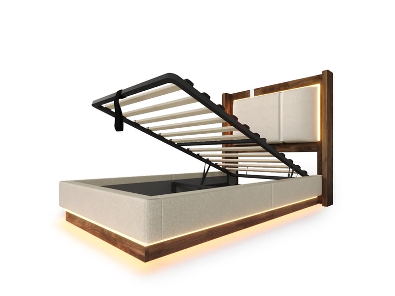  Lit coffre 90x200cm, rangement hydraulique, led, sommier à lattes, lin beige, sans matelas C-DEGAYUN - Conforama D