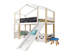 Lit mezzanine 90x200cm - avec toboggan échelle - lit cabane enfant - tableau noir, sommier inclus, bois massif, blanc