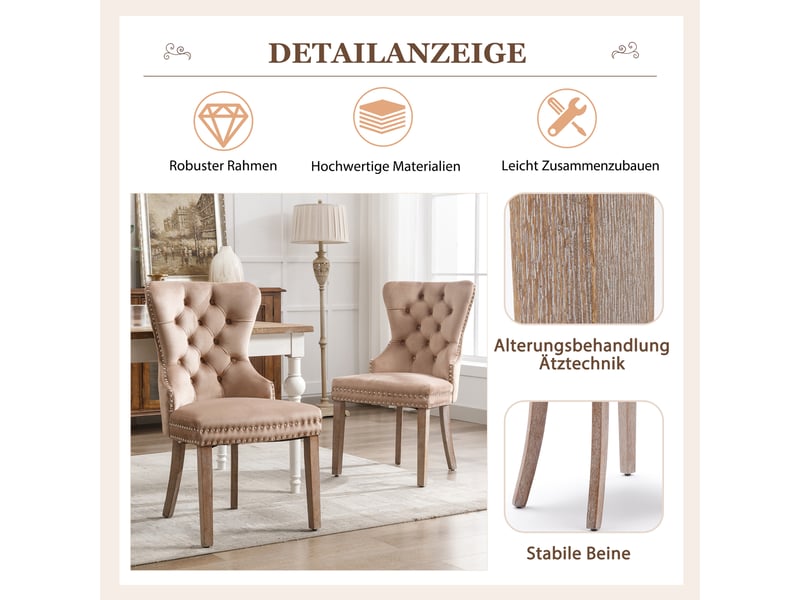 Lot de 4 chaises de salle à manger,avec pieds en bois,velours,café clair  - Conforama D