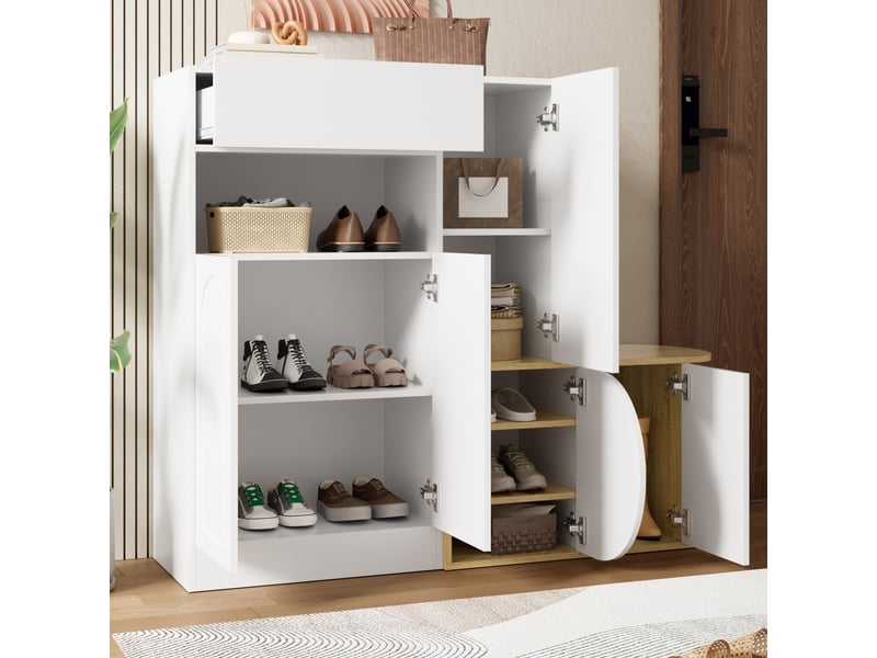  Meuble à chaussures avec banc 130x35x110,5 cm - vestiaire d'entrée multifonctionnel avec 5 portes, 1 tiroir et niche - mdf - blanc et bois  - Conforama E