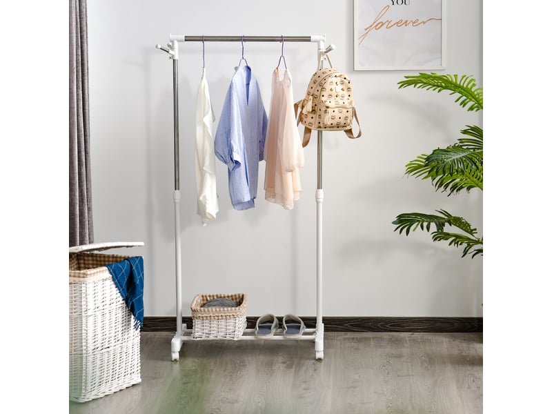  Portant vêtements acier sur roulettes, barre réglable en hauteur, étagère basse, 68,5×42×87-145 cm, blanc argenté  - Conforama C