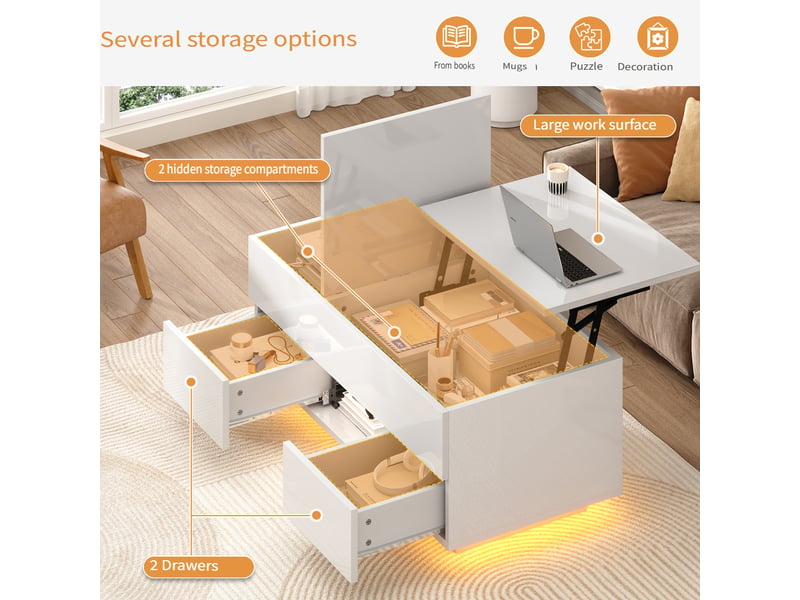  Table basse relevable 100 x 45 x 43 cm avec 2 tiroirs, plateau relevable, éclairage led, rangement caché, blanc brillant  - Conforama C