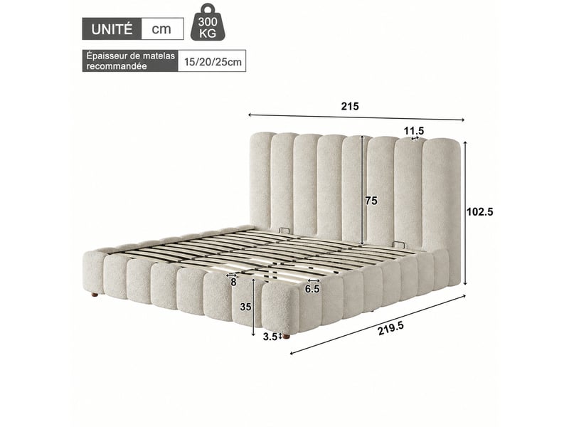 Lit coffre 200x200 à ouverture hydraulique, sommier à lattes inclus, bouclé blanc - Conforama C