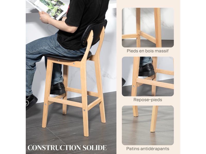  Lot de 2 tabourets de bar, chaises hautes, revêtement synthétique avec dossier et pieds en bois, noir  - Conforama R