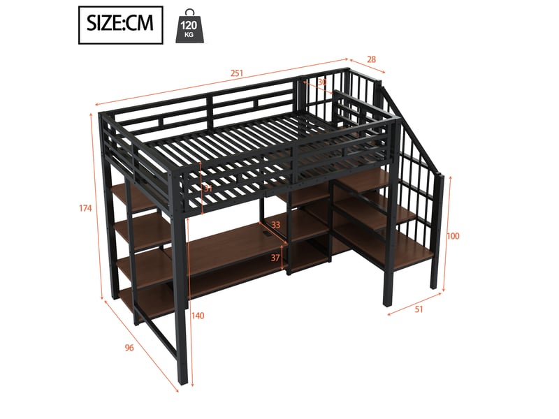  Lit mezzanine 90 x 200 cm noir avec support tv et prise intégrée  - Conforama E