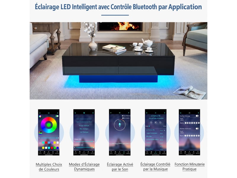  Table basse 115x55x34 cm avec led, 2 tiroirs, rangement, finition haute brillance, table de salon, noir  - Conforama D