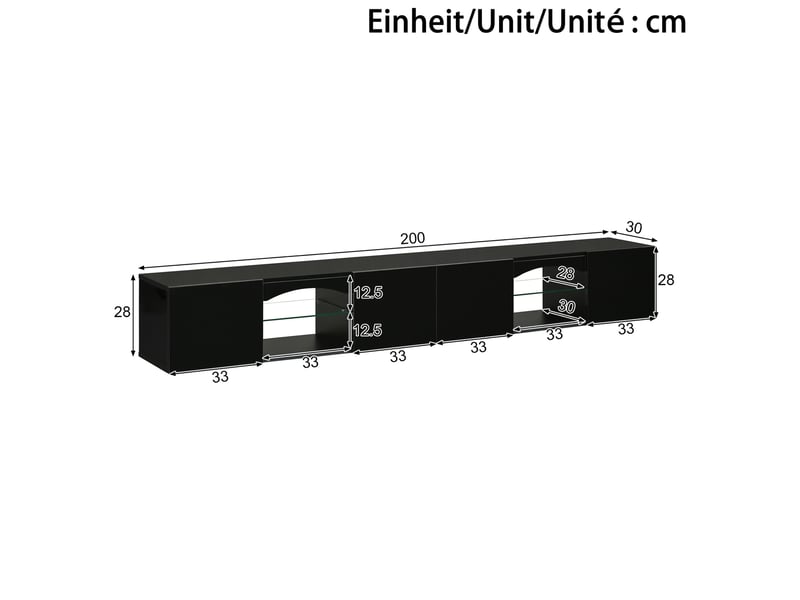  Meuble tv 200x30x28 cm noir brillant avec led, 4 portes et 2 niches  - Conforama C