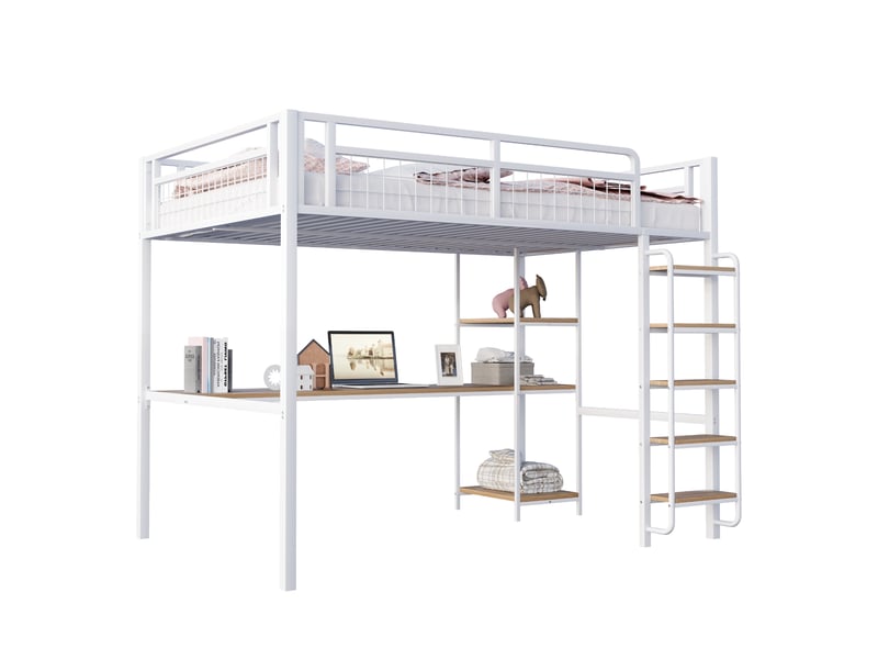  Lit mezzanine enfant 140x200 cm avec table, étagère, garde-corps, escalier, sommier, métal blanc, sans matelas  - Conforama A