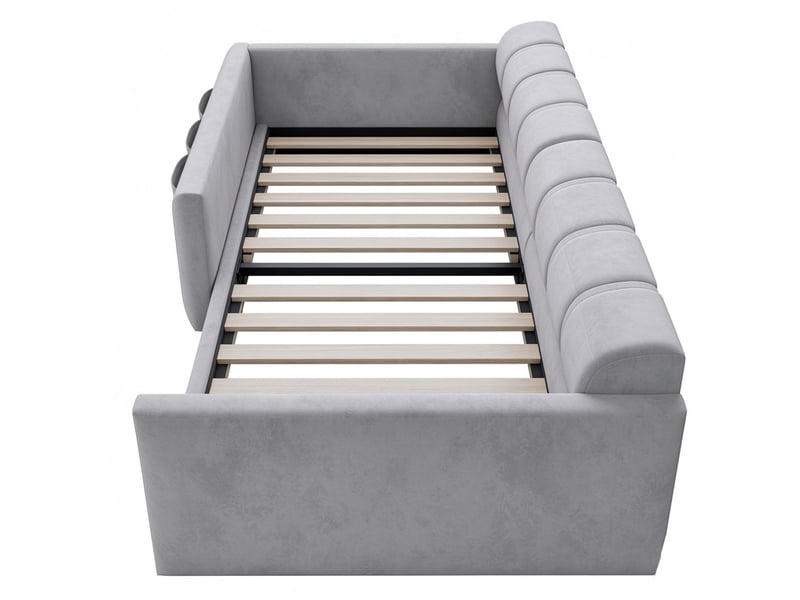  Lit rembourré 90x200 cm, avec poches de rangement latérales et épaisse tête de lit, velours, gris  - Conforama E
