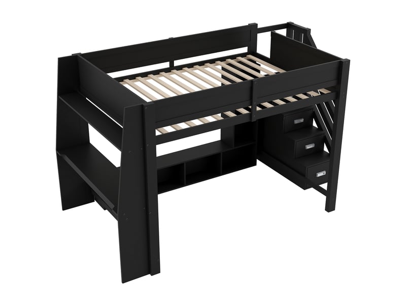 Lit mezzanine 140x200 cm noir, avec bureau, rangements, placards, escalier de rangement 3 compartiments, led, sommier inclus, sans matelas - Conforama D