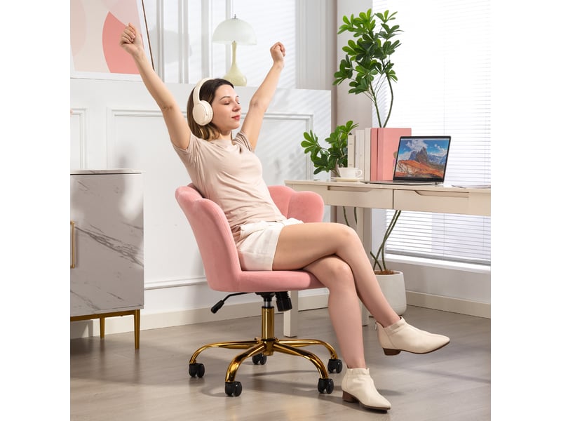  Chaise bureau en velours, chaise coiffeuse avec dossier en pétale, hauteur réglable, 69 x 64 x 80-90 cm, rose  - Conforama C