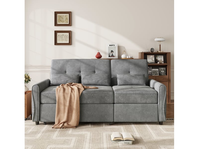  Canapé convertible 3 places avec dossier réglable et assise extensible, repose-pieds et 3 coussins en chenille gris  - Conforama D