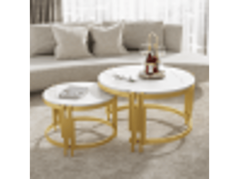Ensemble de tables basses rondes 70x50 cm - effet marbre, cadre métal doré, modulables, style contemporain - Conforama B
