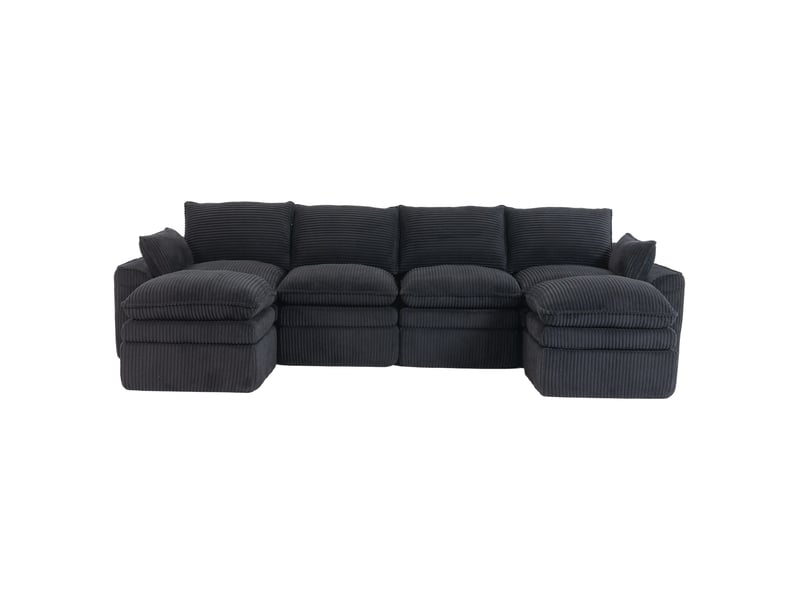  Canapé modulaire 4 places en velours côtelé noir avec 2 poufs et coussins  - Conforama A