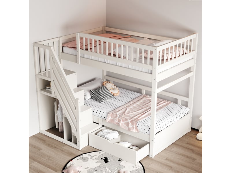  Lit superposé 90 x 200 cm, couchages superposés, escalier, tiroirs de rangement, sommier à lattes, pour la chambre, bois massif, blanc ABC - Conforama B